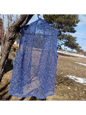 Blue Crochet Sleeveless Vest Lightweight Cardigan Layering Piece Womens sz